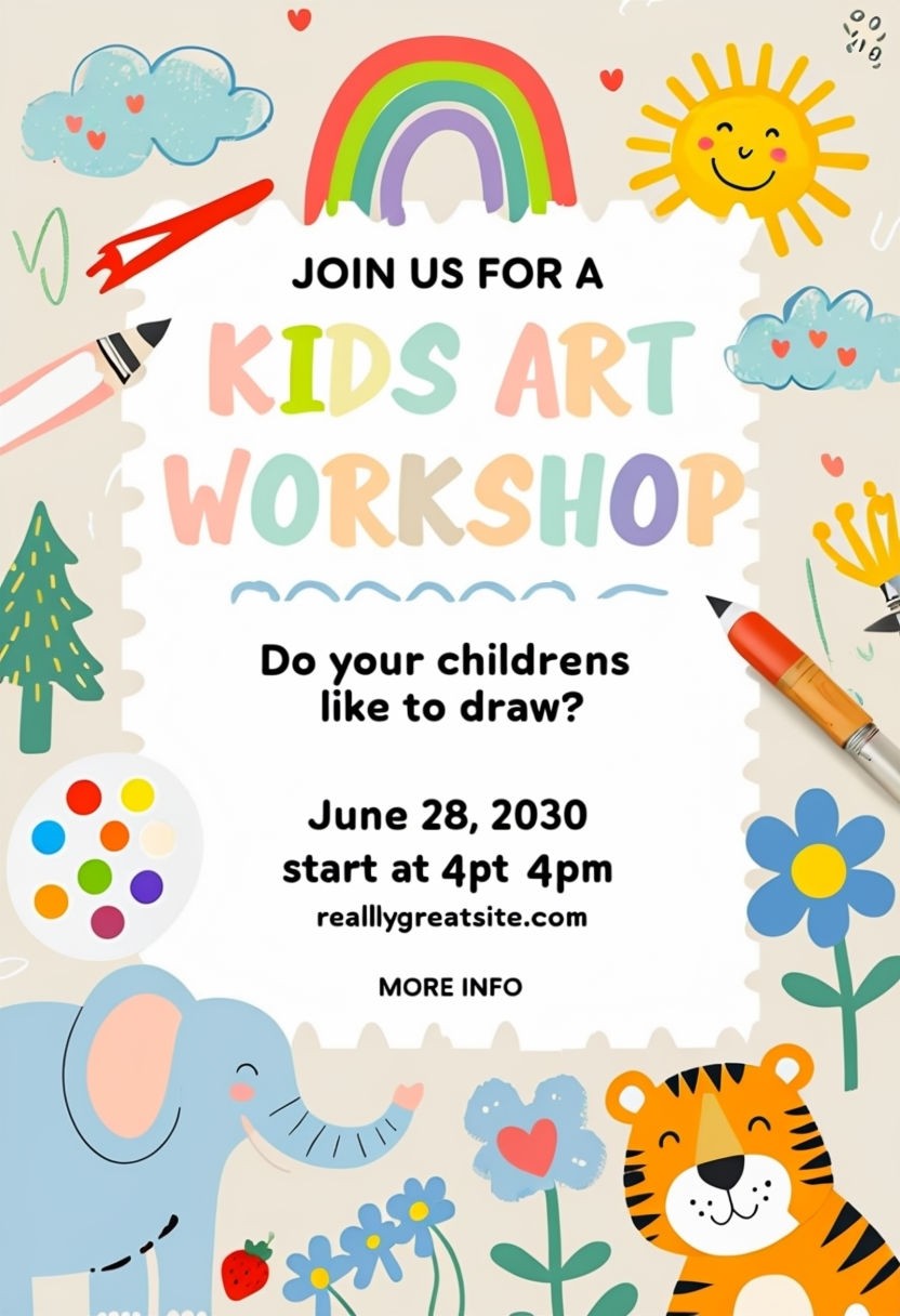 Playful Kids Art Workshop Invitation Poster with Colorful Doodles