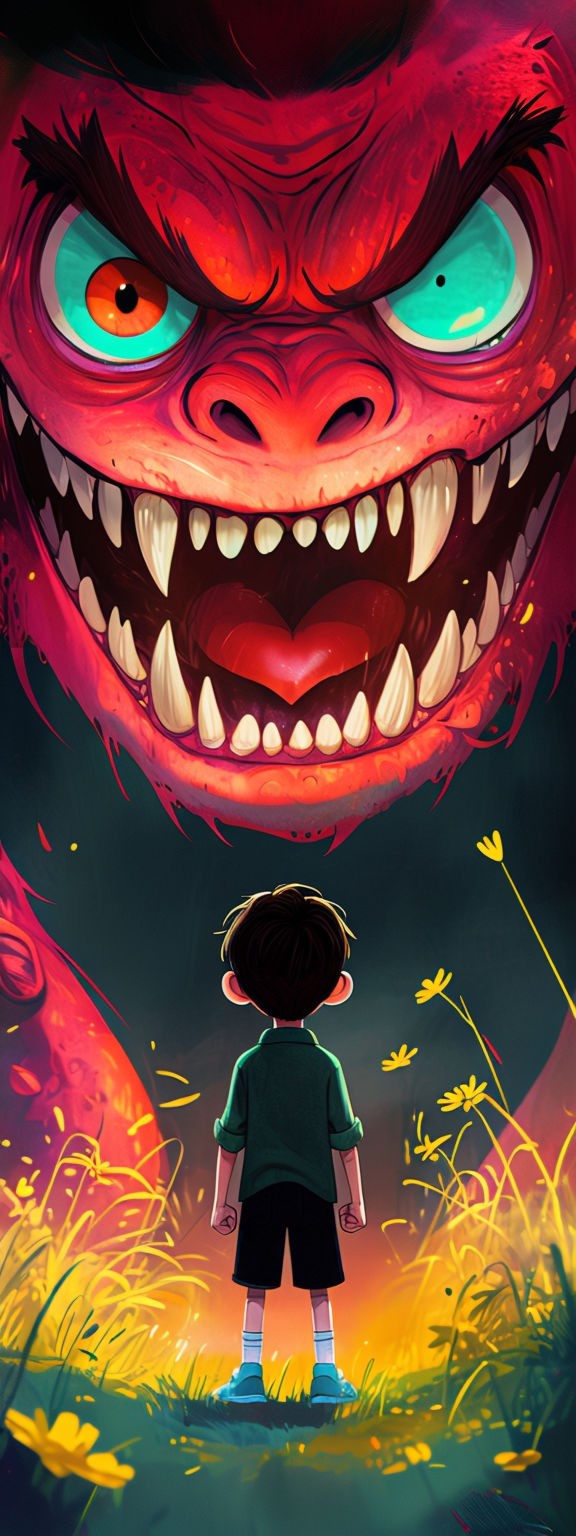 Dramatic Confrontation Between Boy and Red Monster Digital Art Poster