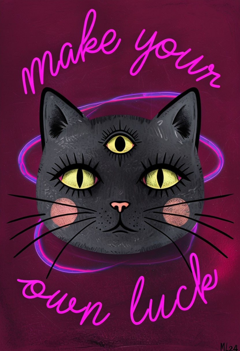 Mystical Cat Face with Neon Lines and Whimsical Text Poster - Playground