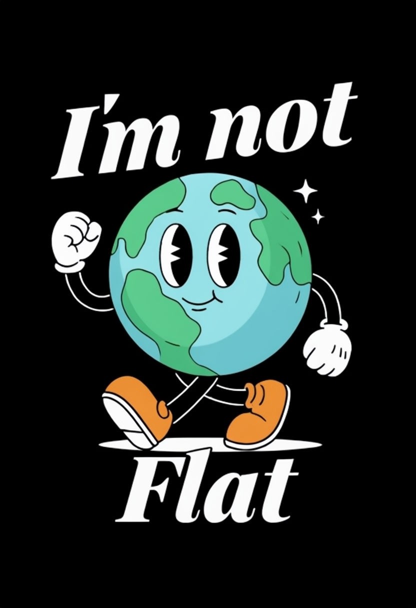 Happy Cartoon Earth Character Illustration with I'm Not Flat Text Sticker