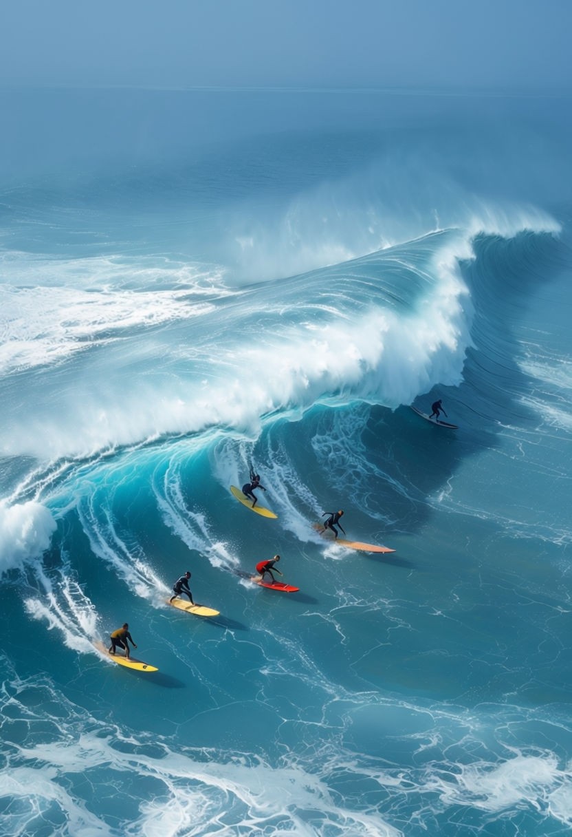 Dynamic Surfing Action on a Massive Curling Wave Poster