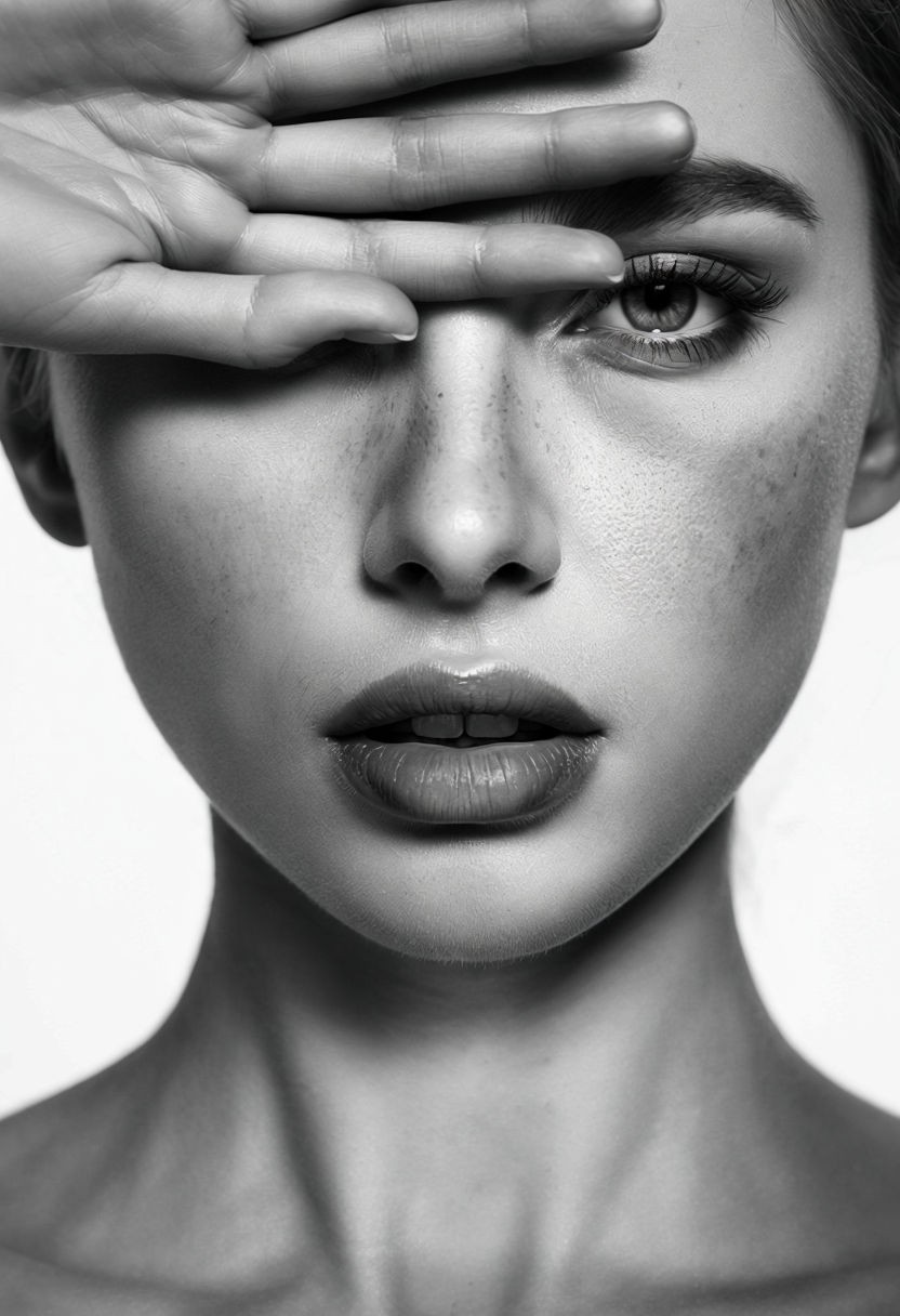 Striking Black and White Close-Up Portrait of Woman with Intense Gaze Poster