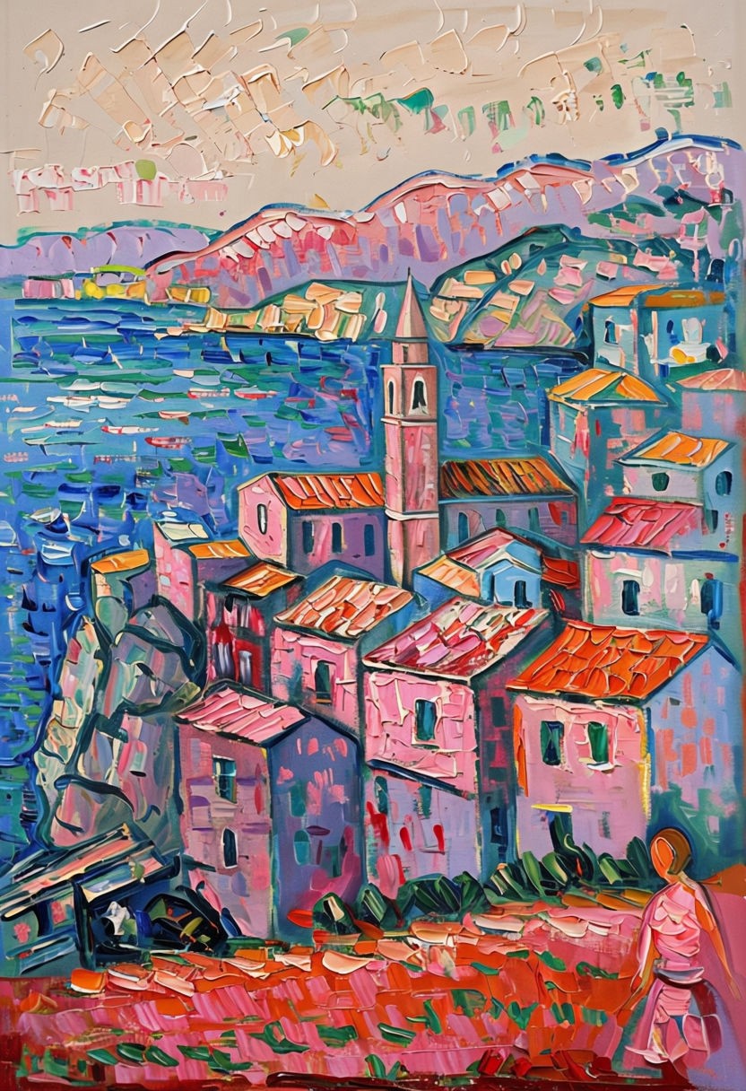 Vibrant Coastal Village Impressionist Painting Art