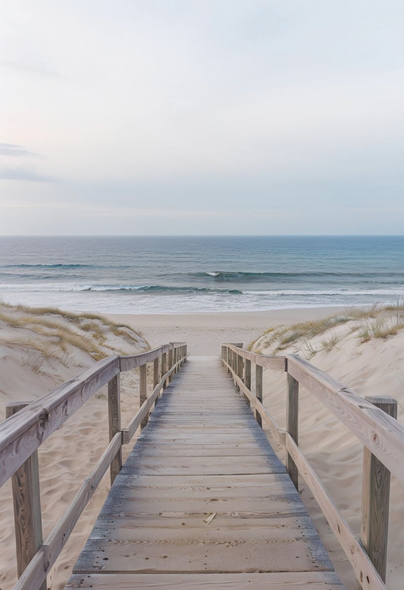 Serene Beach Scene with Wooden Boardwalk Minimalist Art