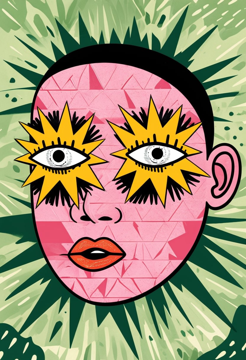 Whimsical Pop Art Human Face Illustration with Star-Shaped Eyes Art