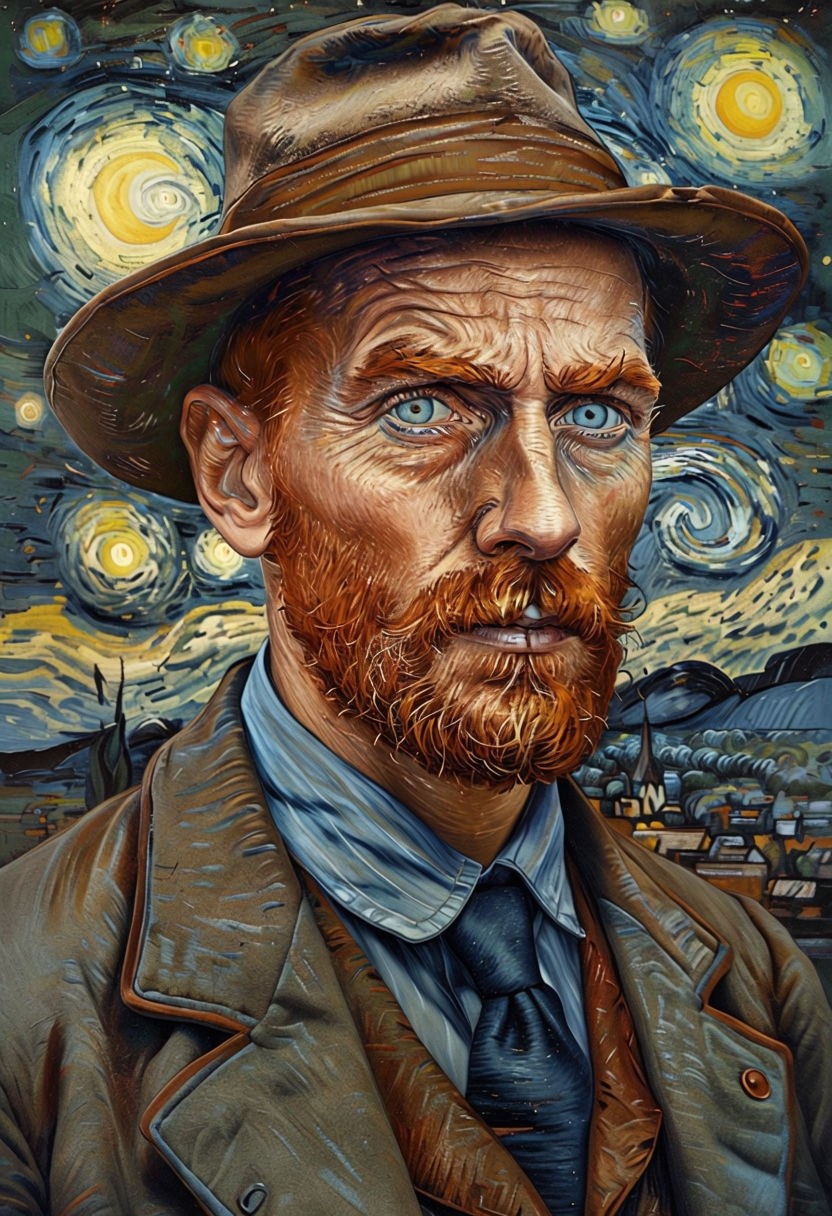 Contemplative Man in Van Gogh's Starry Night Style Art