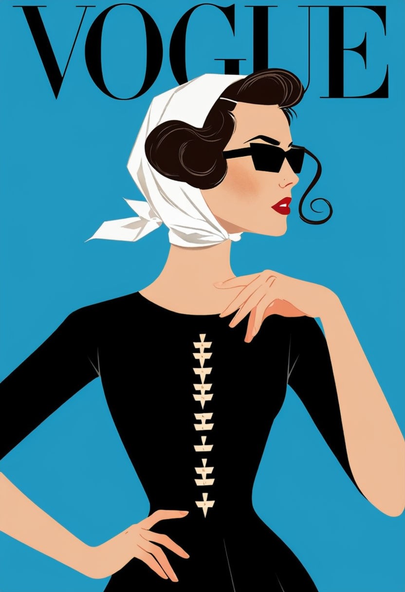 Stylish Minimalist Vogue Cover Art Featuring 1960s Woman Illustration Poster