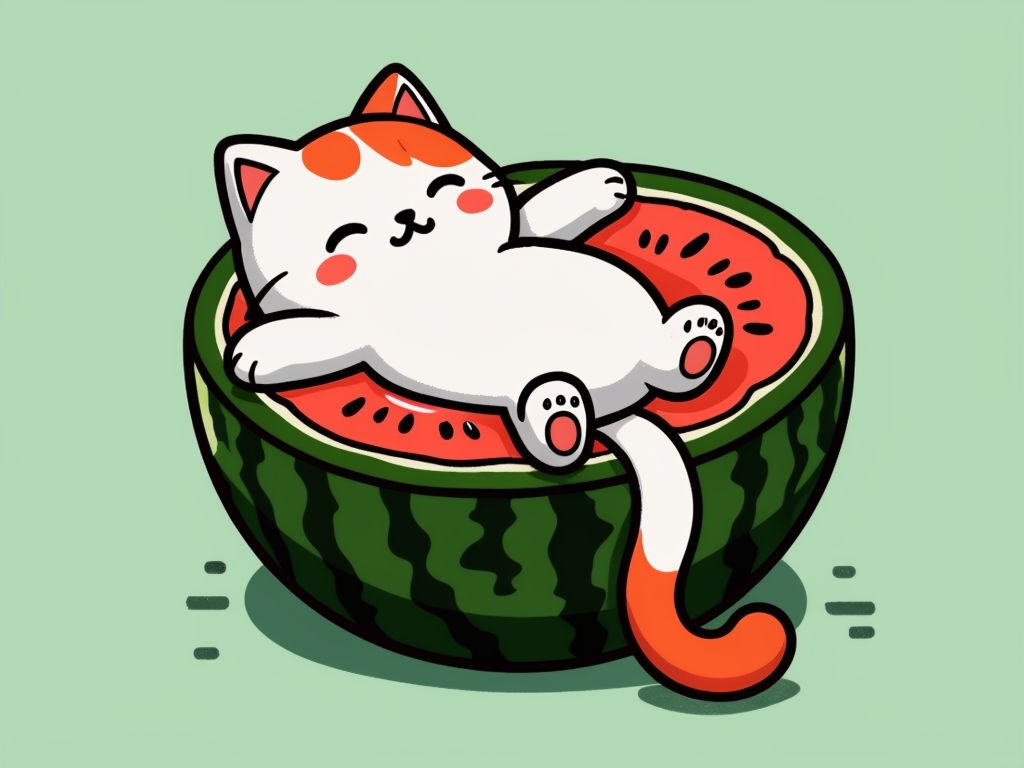 Playful Cartoon Cat Lounging in Watermelon Sticker