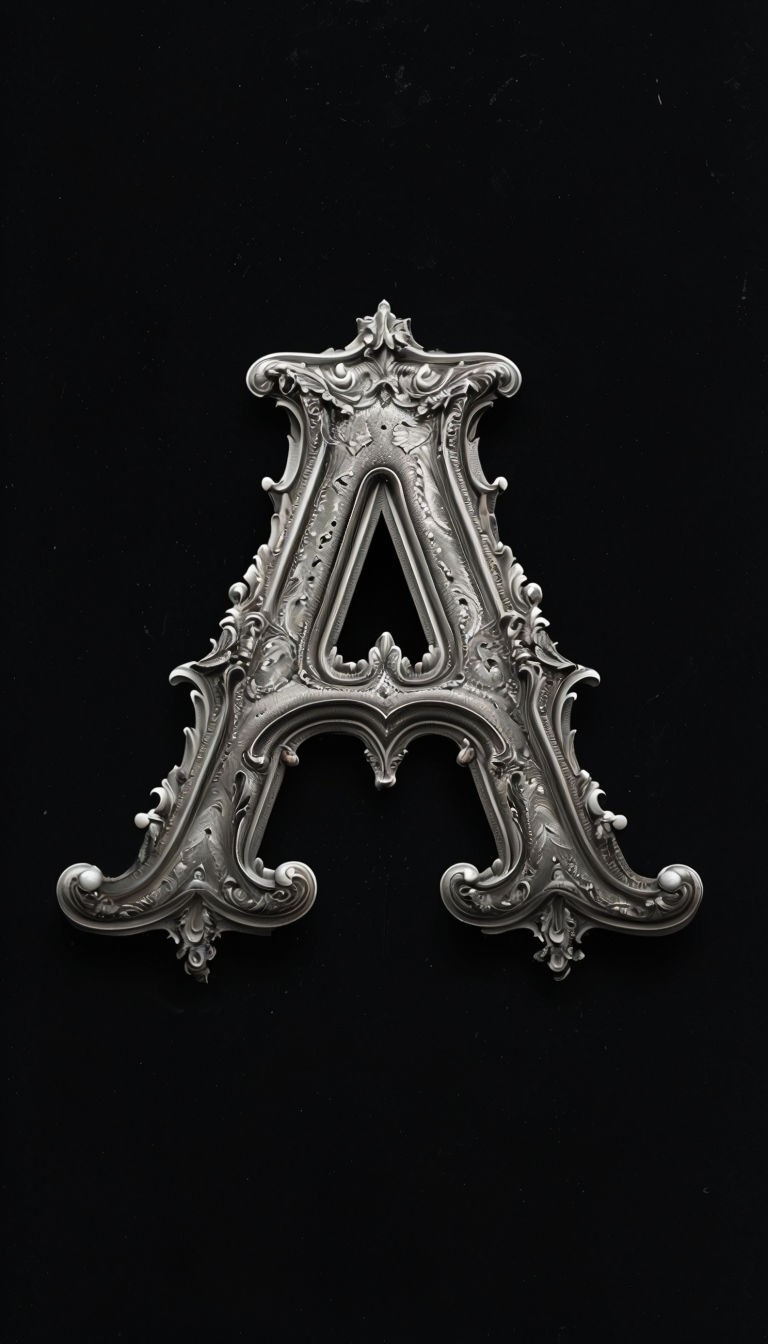 Ornate Metal Monogram Letter A on Black Elegant Background Art