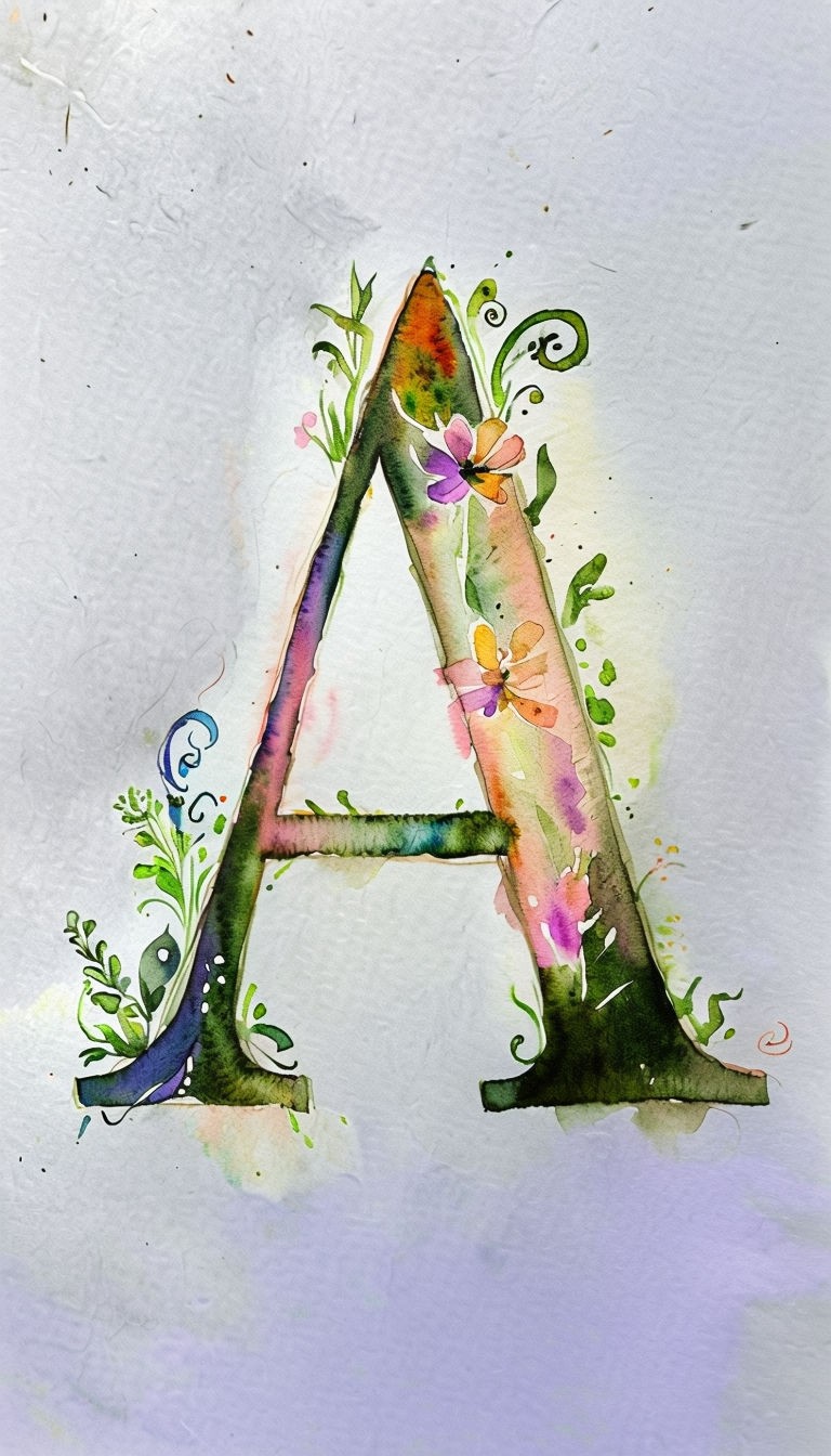 Whimsical Watercolor Letter A Monogram on Soft Gray Background Art