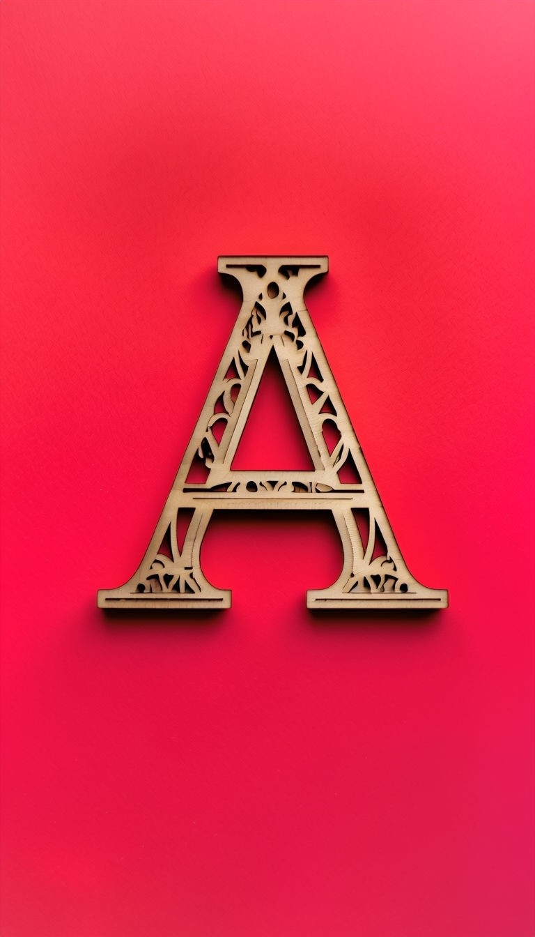 Intricate Laser-Cut Wood Monogram A on Bright Red Background Art