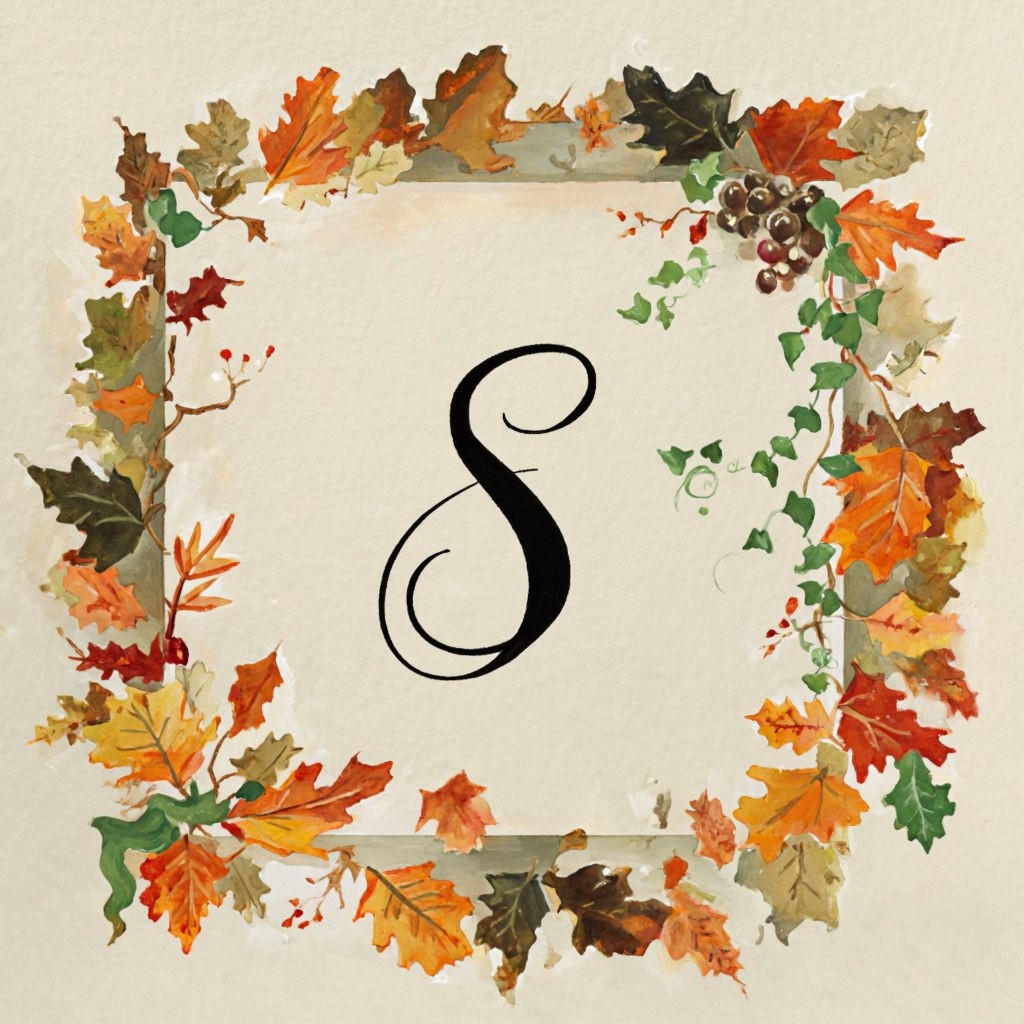 Thanksgiving-Themed Hand-Painted Monogram 'S' with Autumn Leaves Art