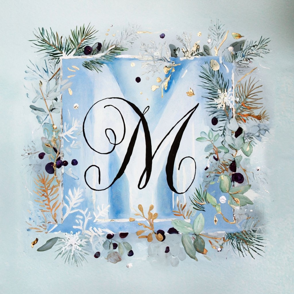 Handpainted Winter Wonderland Monogram on Ice Block and Evergreen Foliage