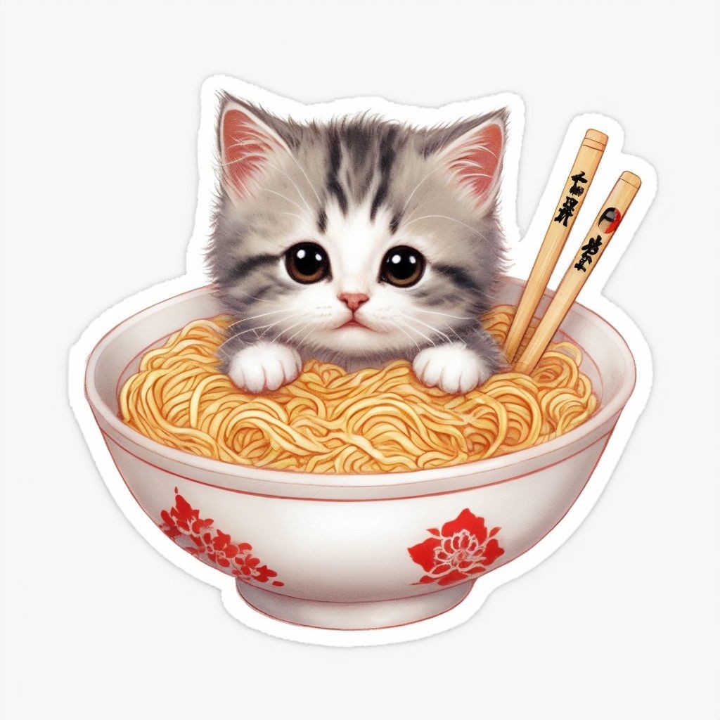 Whimsical Gray Kitten in Noodle Bowl Illustration Sticker