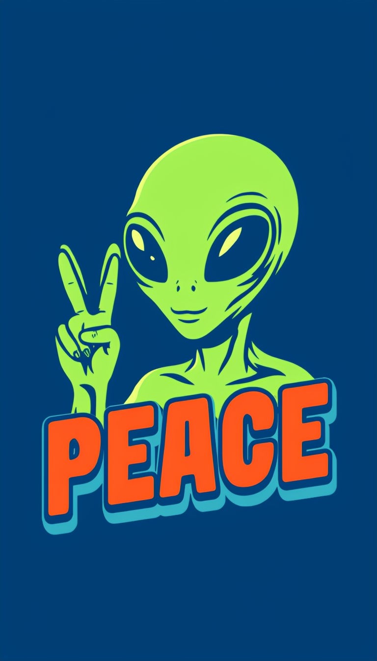 Retro Anime Style Alien Peace Sign Illustration Poster