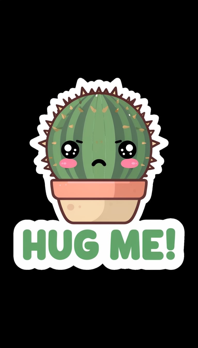 Sad Spiky Cactus with "Hug Me!" Text in Fun Style Sticker