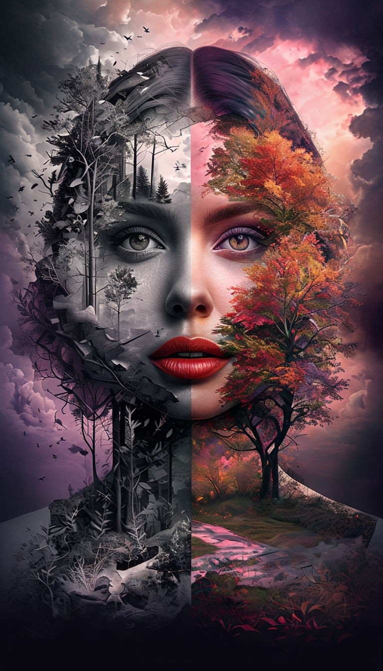 Surreal Split-Faced Woman Portrait with Nature Elements Art