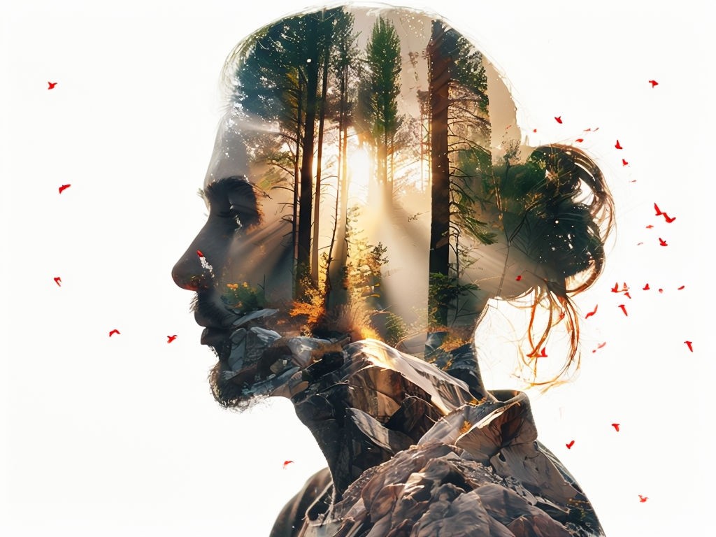 Serene Double Exposure Human Profile Silhouette with Forest and Sunset Art