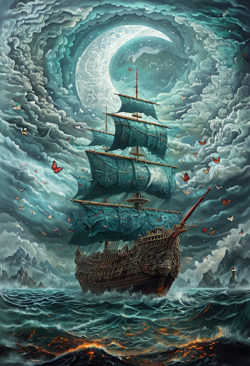 Majestic Wooden Ship Navigating Mystical Waters Under Dramatic Sky Art