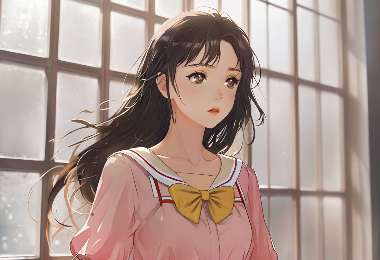 Contemplative Anime Girl with Brown Hair and Sailor Collar Blouse Art