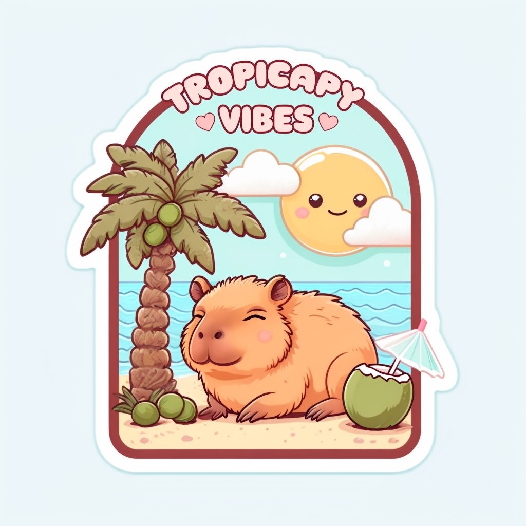 Tropical Paradise Capybara Cartoon Sticker with Cheerful Vibes