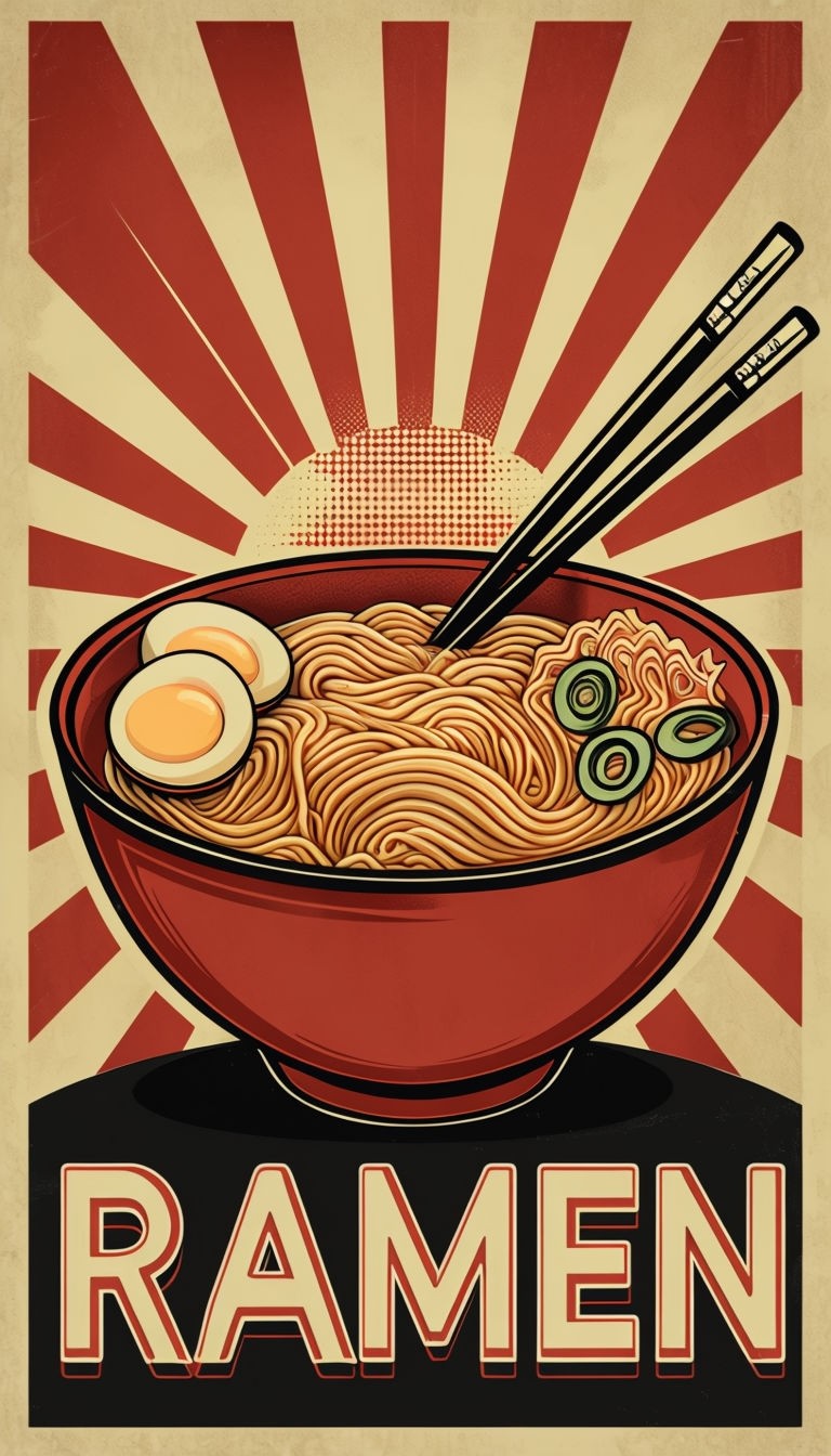 Vintage Ramen Bowl Retro Poster with Sunburst Design