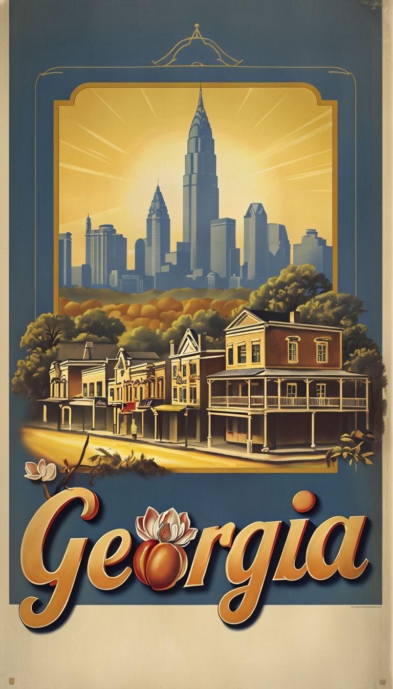 Nostalgic Vintage Georgia Travel Poster with Charming Town Illustration