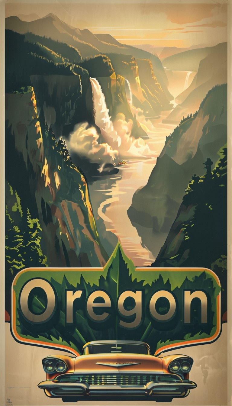 Charming Vintage Oregon Travel Poster with Sequoia Tree and Columbia ...