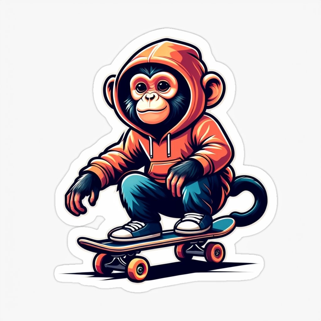 Adorable Monkey Skateboarding in Hoodie Minimalist Sticker