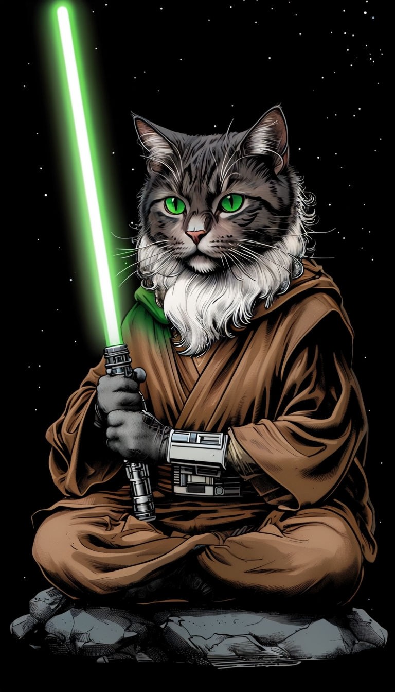 Jedi Cat with Lightsaber in Lotus Position Art