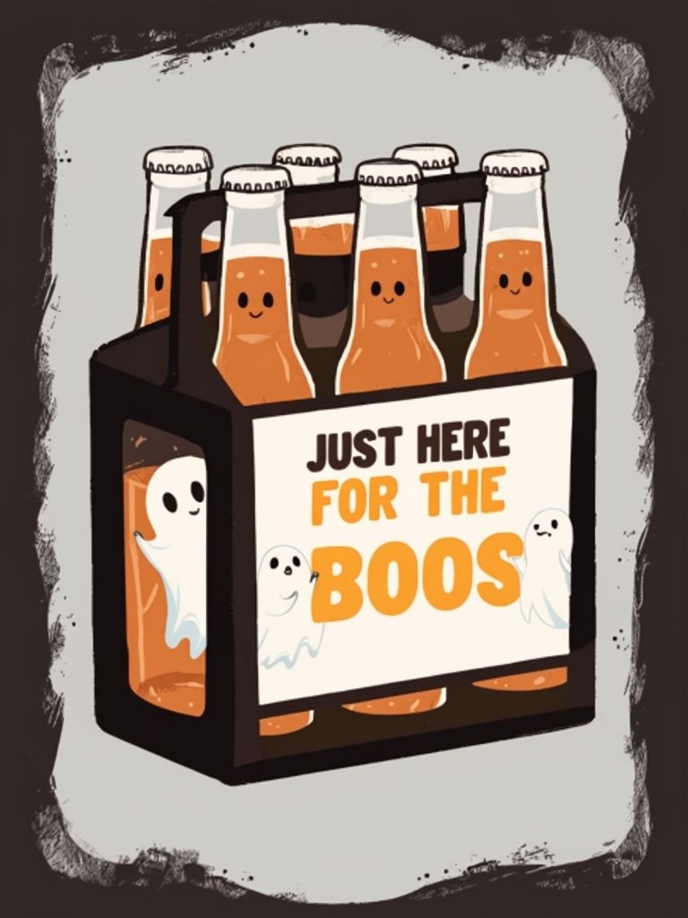 Playful Cartoon Beer Carton with Ghosts and 'Just Here for the Boos' Poster