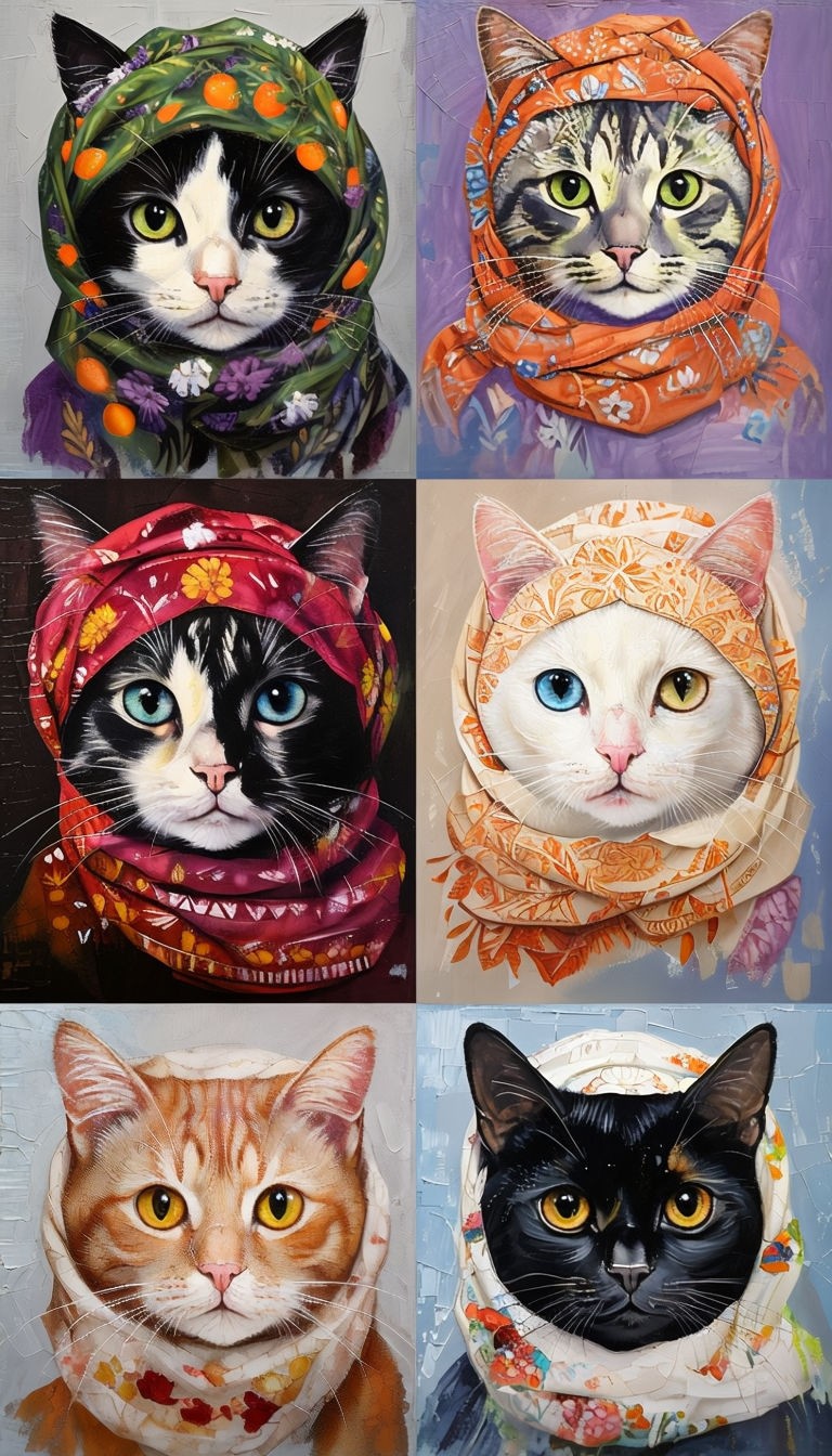 Charming Cats in Floral Headscarves Impressionistic Art Poster