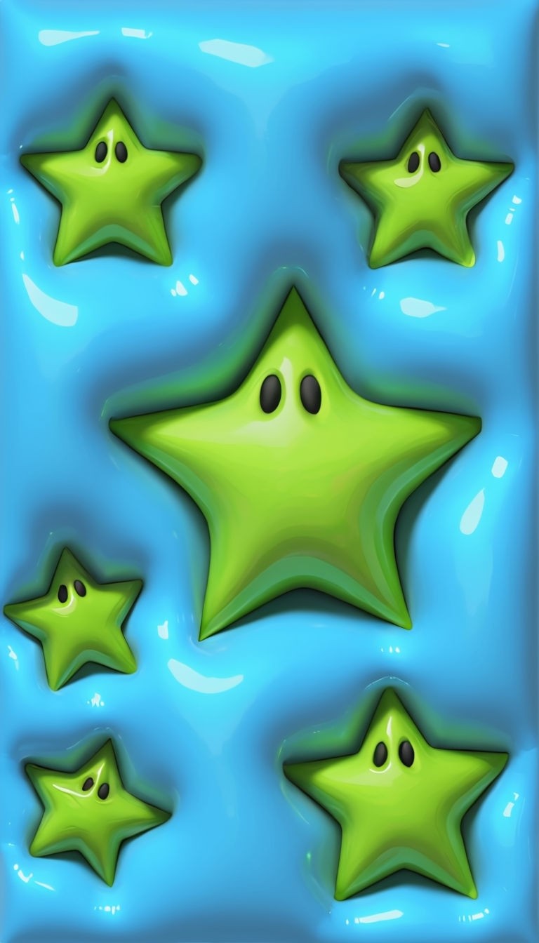 Whimsical Glossy Lime Green Stars Against Sky Blue Background Art