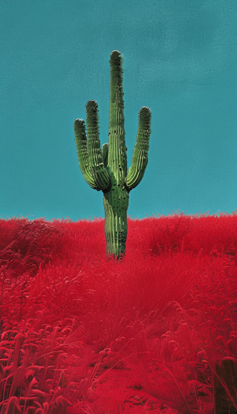 Vibrant Red Desert Landscape with Saguaro Cactus Art