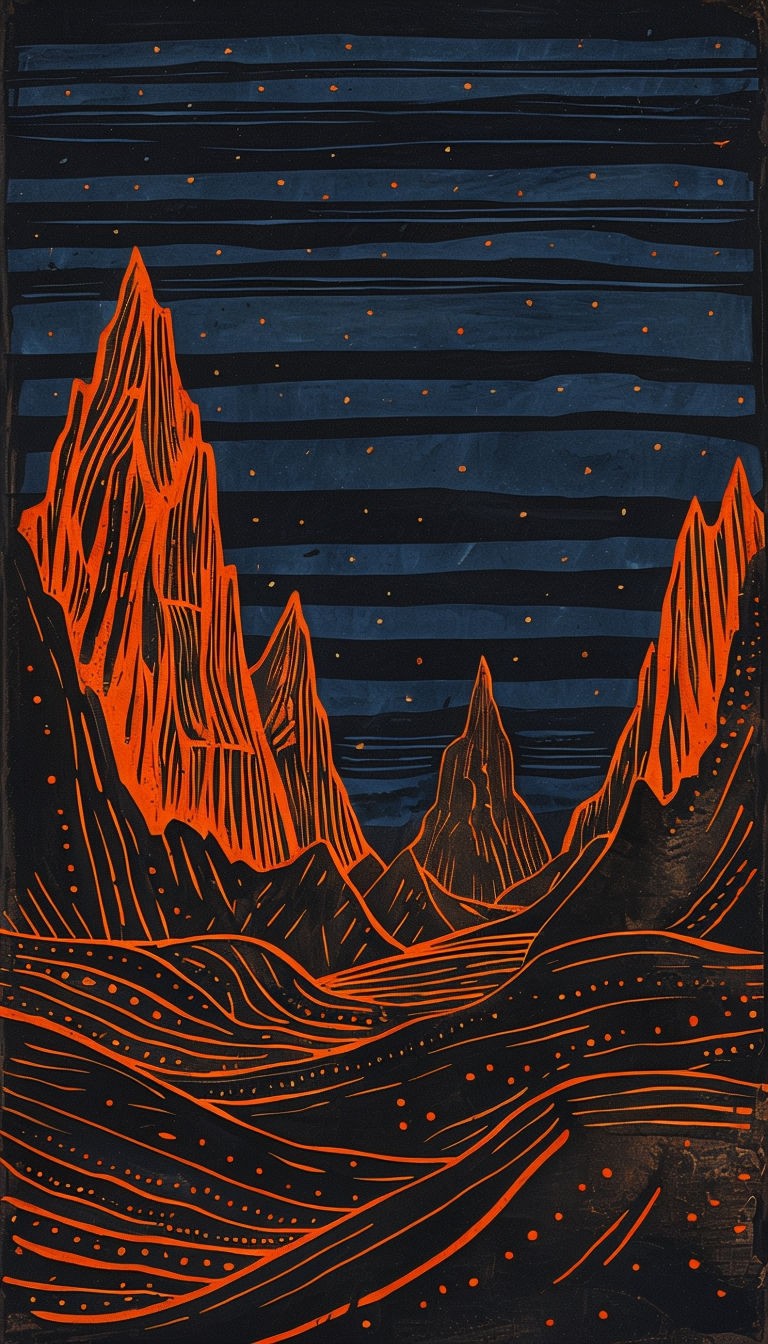 Surreal Desert Landscape with Mountains and Starry Night Woodcut Art