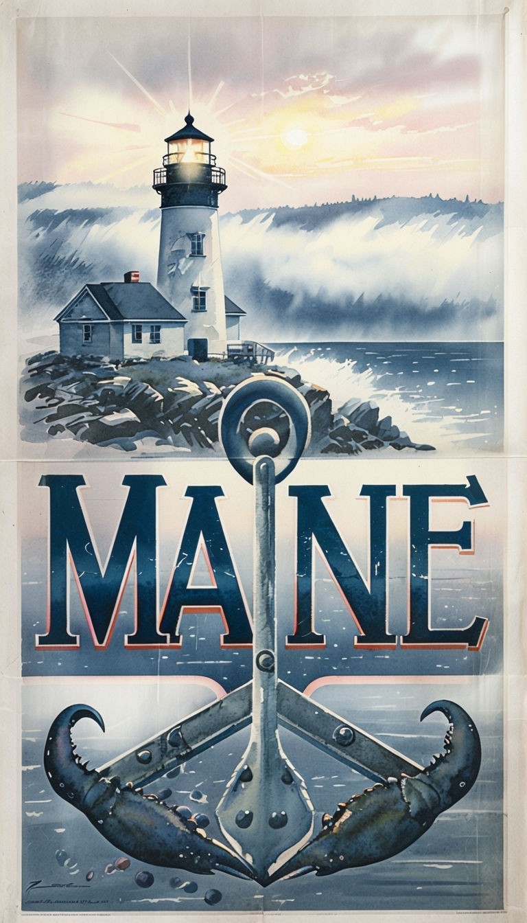 Charming Vintage Maine Lighthouse Travel Poster