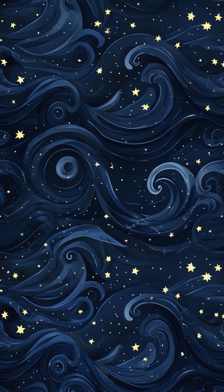 Navy Blue Waves with Celestial Stars Seamless Tile Pattern