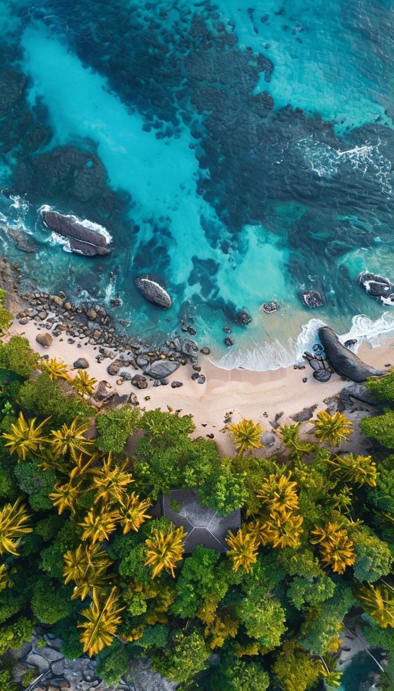 Serene Tropical Beach Aerial View with Vibrant Ocean and Lush Forest Poster