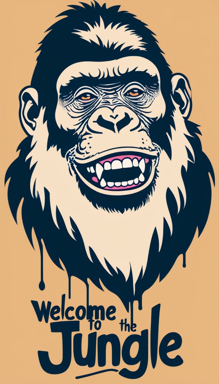 Happy Silly Gorilla with Hippie Beard and Welcome to the Jungle Art