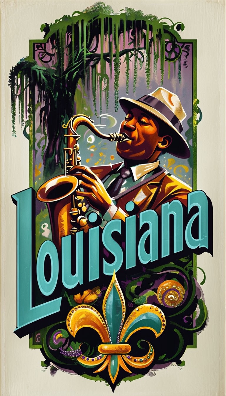 Vibrant Louisiana Jazz Musician Vintage Travel Poster