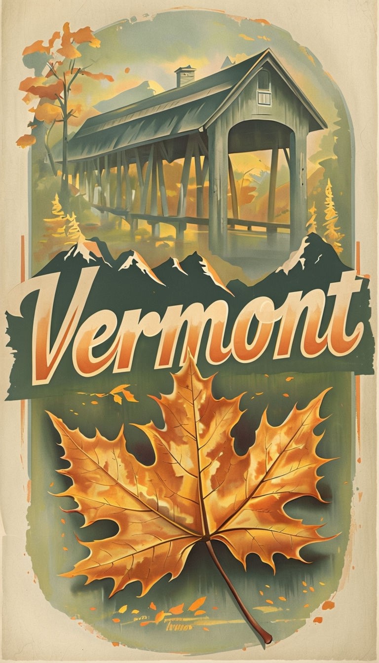 Charming Vermont Vintage Travel Poster Featuring Maple Leaf and Covered Bridge Art