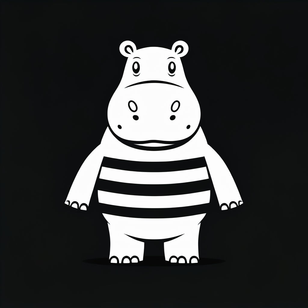 Minimalist Cartoon Hippo Illustration on Black Background Art