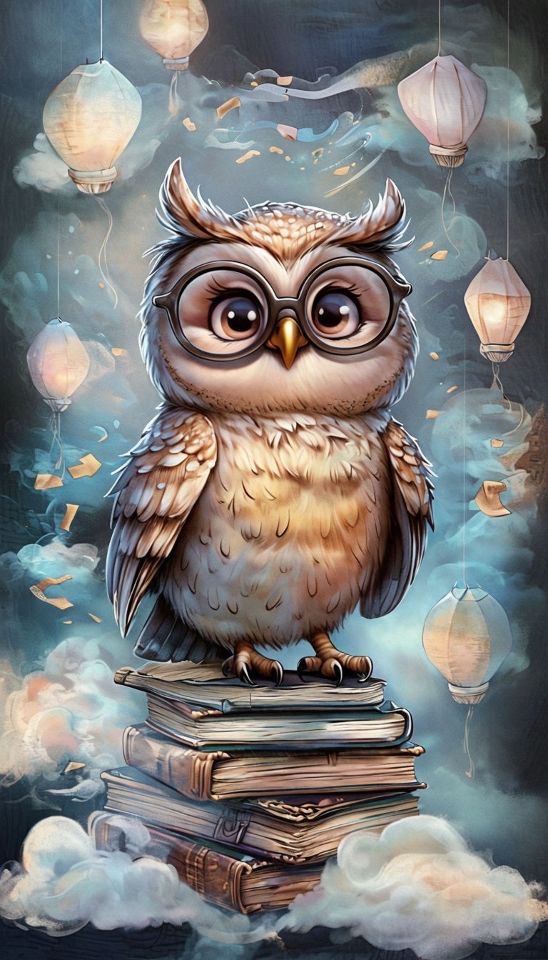 Curious Bespectacled Owl on Vintage Books with Floating Lanterns Art