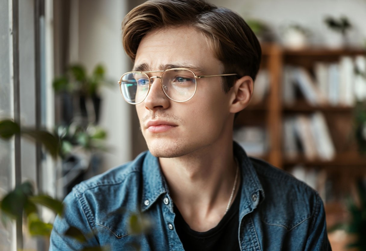 Thoughtful Young Man Portrait with Glasses and Natural Light Art