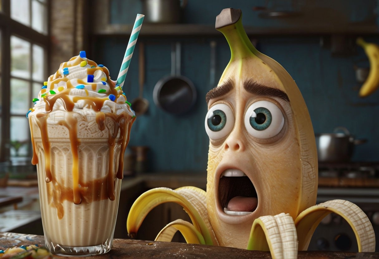 Shocked Banana Character with Milkshake in Rustic Kitchen Art