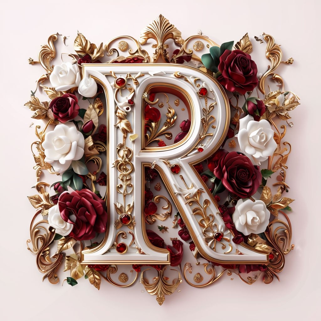 Luxurious Ornate Gold and White Letter R with Floral Accents Monogram