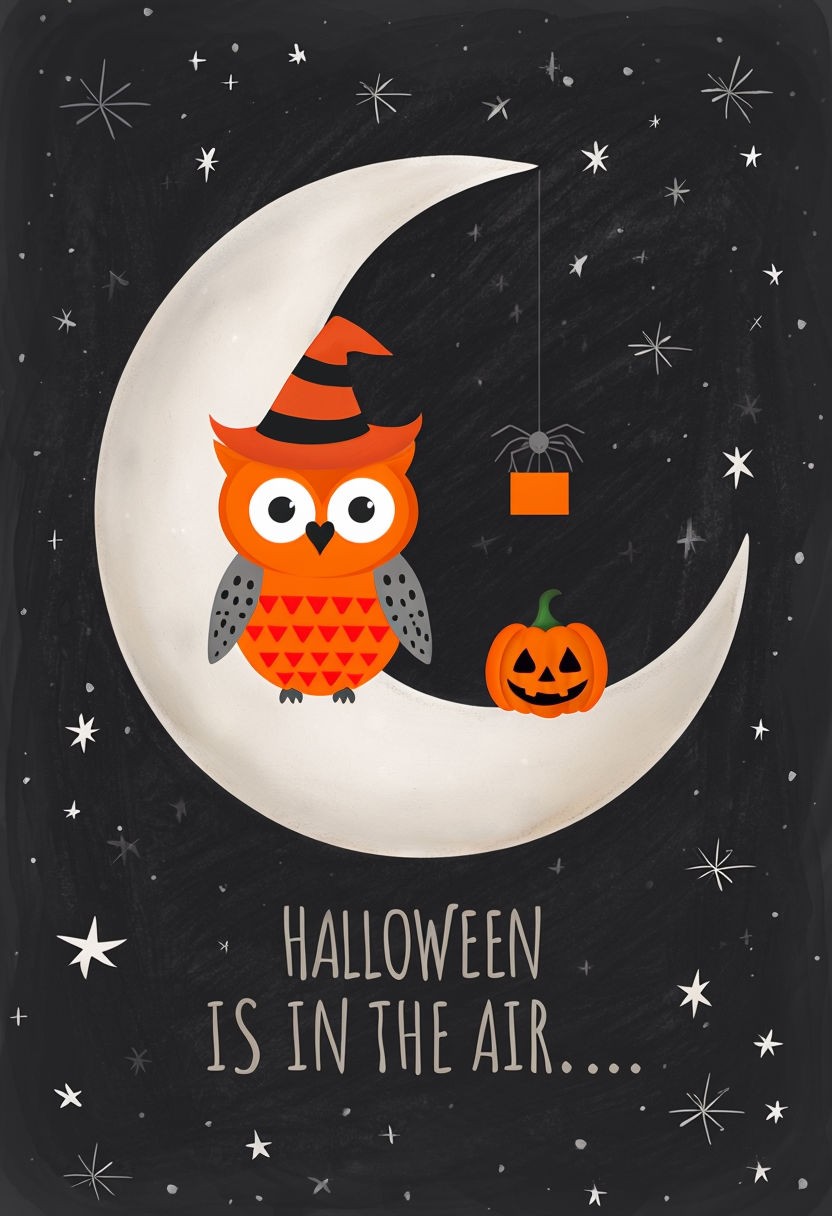 Whimsical Halloween Moon Owl and Pumpkin Illustration Poster