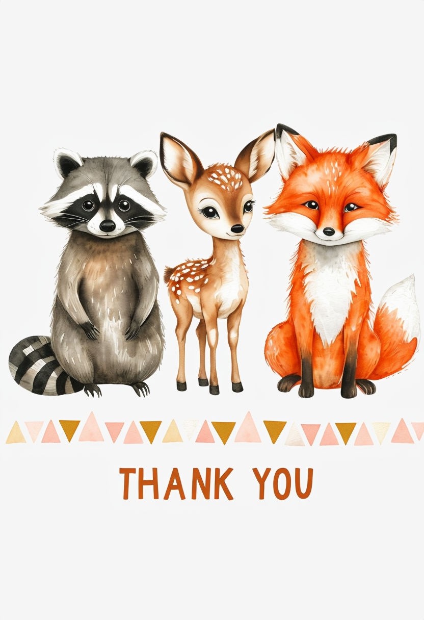 Whimsical Woodland Animals Thank You Card Art