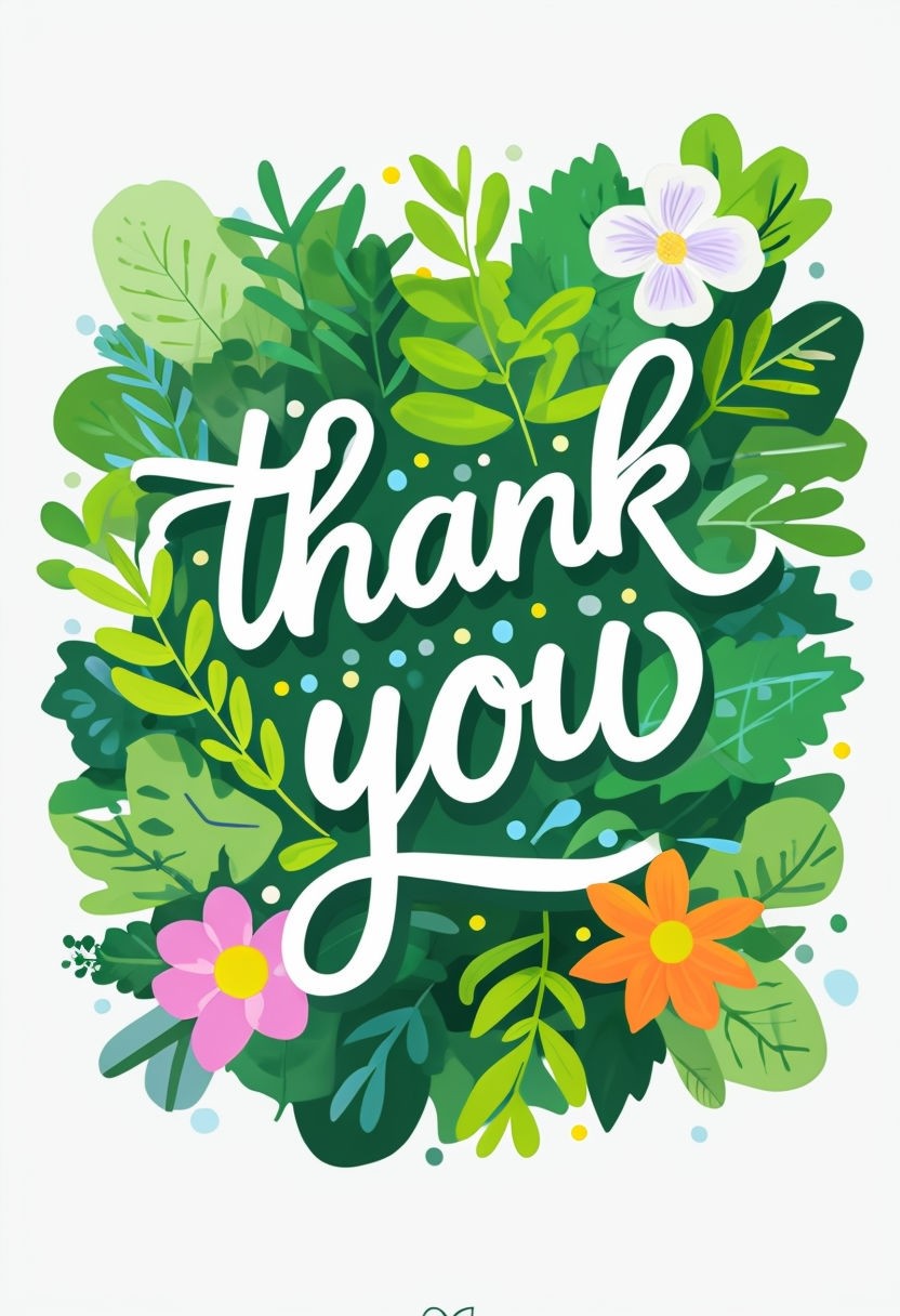 Cheerful Thank You Text Surrounded by Greenery and Flowers Art