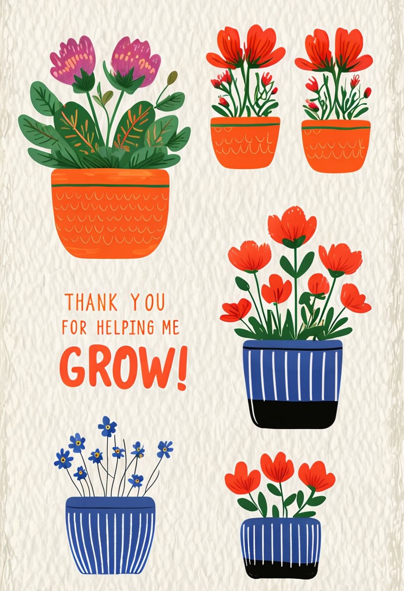 Whimsical Thank You Message with Colorful Potted Plants Art